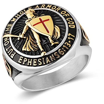 HZMAN Knights Templar Ring for Men Ephesians 6:13-17 Red Cross Design Men's Stainless Steel Ring Jewelry Gift