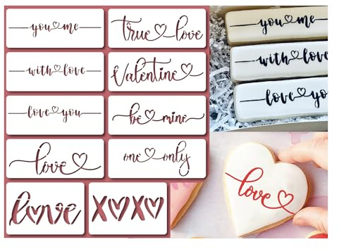 Love Script Cookie Stencil with 10 Phrases, Valentine's Cookie Decor with Love Phrase Sign Stencils