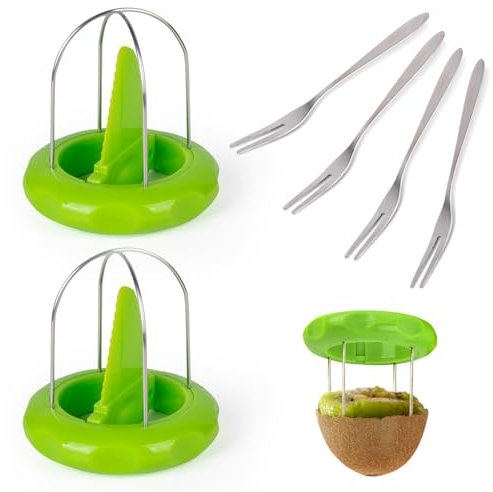 Tycoonest Ensemble de coupe-kiwi 2 en 1 - Éplucheur de kiwi - Séparateur de kiwi avec 4 petites fourchettes à fruits en acier inoxydable - Outils de cuisine pour Pitaya, Mangue, Légumes