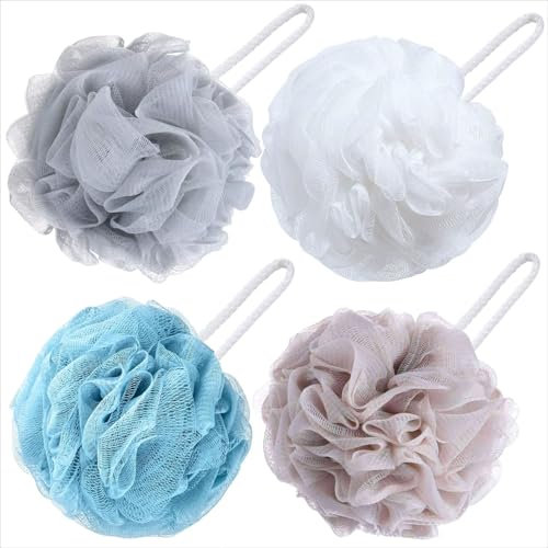 Loofah Sponge Shower Puff – 4 Pack Multicolor Mesh Bath Sponges & Body Scrubbers | Exfoliating Shower Poufs for Men & Women, Durable Bath Puffs for Rich Lather & Gentle Cleaning