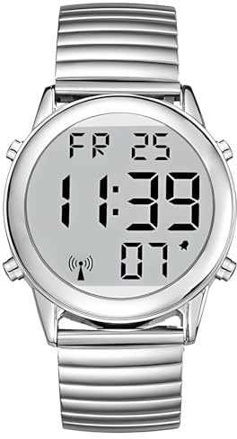 MAUJOY Deutsch Sprechende Herren Armbanduhr I Funkarmbanduhr I LCD Große Zahl Leicht zu Lesen I Datum- und Zeitansage I Für Blinde, Senioren und Demenzkranke (Silber)