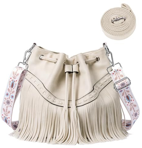 Sunwel Fashion Women Bucket Fringe Hobo Bag Western Purse Vegan Leather Tassel Hippie Shoulder Crossbody Bag, Off-white, 300 cubic inches