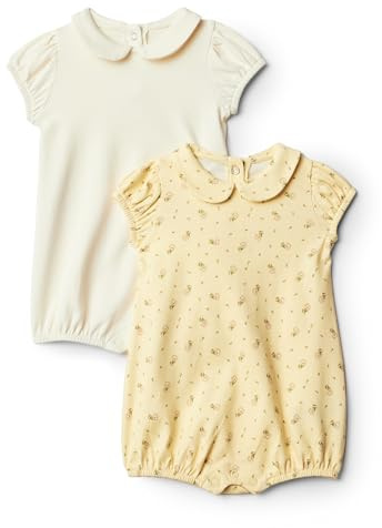 Amazon Essentials x Sofia Grainge Baby Girls' Cotton Short-Sleeve Romper Suit with Peter Pan Collar, Pack of 2, Ditsy Flowers/Ivory, 6-9 Months