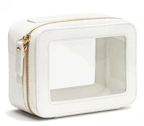 Mioline Beauty Case da Viaggio - Borsa Cosmetica Trasparente in Pelle PU - Custodia Resistente all Aqua per Trucchi, Prodotti Bagno, Essenziali - Antigraffio, Facile da Pulire - Bianca