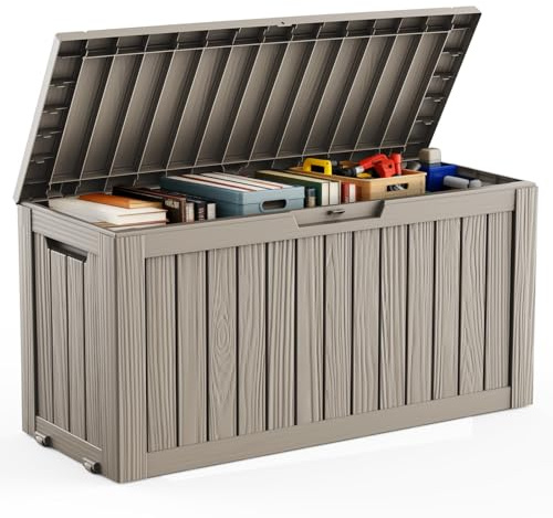 DRATO 75 Gallon Deck Box, Waterproof Resin Large Outdoor Storgae Box for Patio Furniture, Patio Cushions, Gardening Tools, Pool Supplies, Lockable (Gray, 75 Gallon)