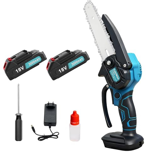 Mini Motosierra Eléctrica Inalámbrica de 6 Pulgadas con 2 Baterías de 3.0Ah y Cable de Carga, Motor Potente para Jardinería, Poda y Cortes Eficientes de Madera, con Bloqueo de Seguridad
