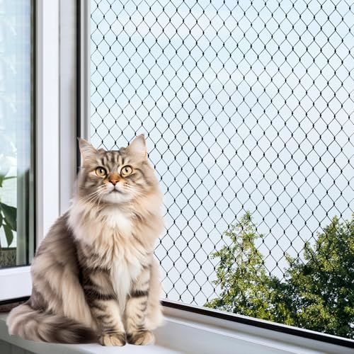 Balcony Cat Net, 3 x 4 m, Cat Protection Net for Balcony, Cats with Attachment Rope and Accessories, Black, Cat Net, Window, No Drilling, for Securing Balconies, Patios, Windows, Doors, Fences