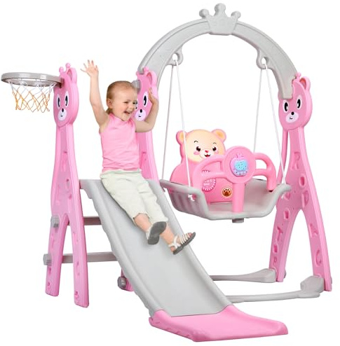 Toboga 4 in 1 per Bambini, Esterno/Interno, Percorso Motorio con Altalena, Canestro da Basket, Struttura da Arrampicata per Bambini dai 1 Anno, Area di Gioco Portatile in Plastica Rinforzata