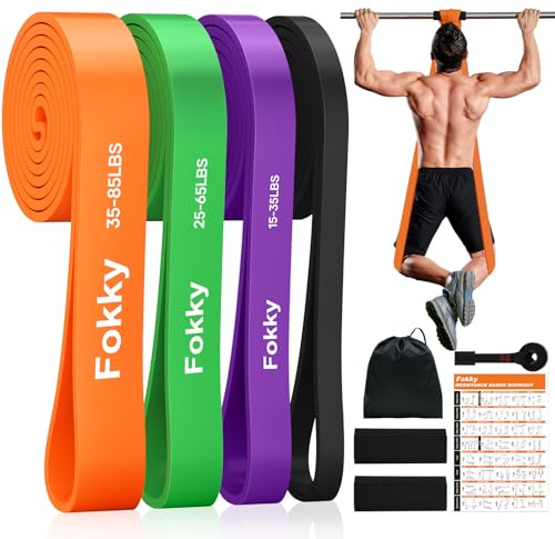 Fokky Widerstandsbänder Resistance Bands Set, 4 Stufen von Fitnessbänder, Klimmzug Bänder mit Türanker & Schutzpads, Gymnastikband für Fitness, Muskelaufbau, Kraftraining