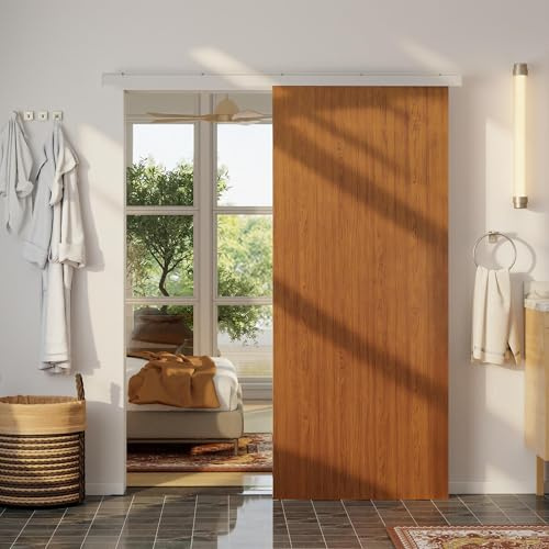 HOMCOM Porta Scorrevole Esterna Muro 90x210 cm, Binario Silenzioso in Lega di Alluminio, Kit Ferramenta, Guida, Porta da Interno in Stile Minimalista, in MDF, Impermeabile, per Cucina, Bagno, Ufficio