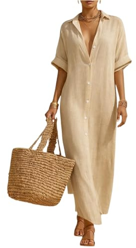 Robe élégante rayée pour femme - Robe chemise boutonnée en lin - Longue et fluide - Pour la plage, les vacances d'été - Caftan