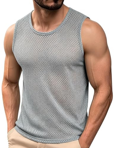 String Vests for Men UK Breathable Fishnet Top Summer Mesh Tank Tops Quick Dry Net Vest Casual Sleeveless Muscle fit T Shirt Solid Round Neck Fitness Sportshirt