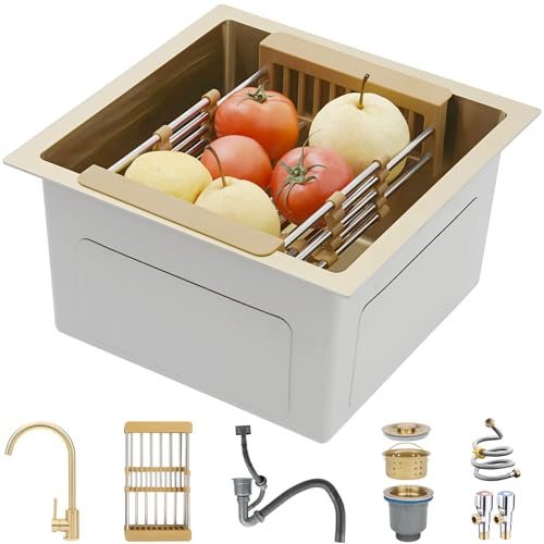 WDSOPK 60 x 45 cm borstat rostfritt stål kök handfat reptåligInkluderar avloppstillbehör och diskställ köksvask för hem och kommersiellt bruk (guld 2)