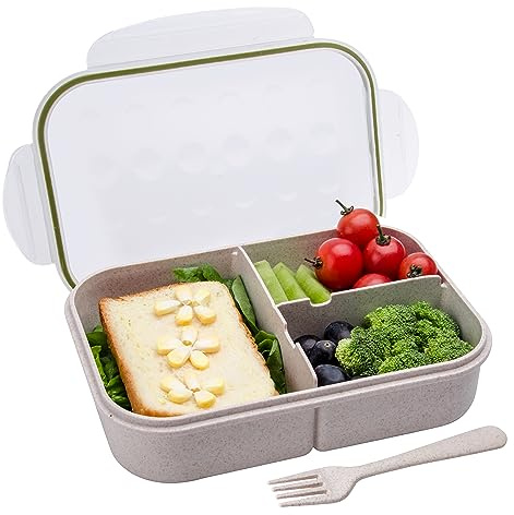 Itopor Bento Lunch Box for Adults, 3 Compartments, 46 oz, Cream White