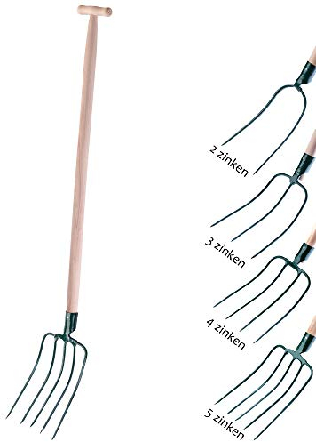 KADAX Horca de heno, Tenedor de heno, Tenedor para excavar, horca para jardín, Horquilla de Alambre con Mango de Madera, Horquilla de jardín de Acero, (5 Dientes, Mango en T)
