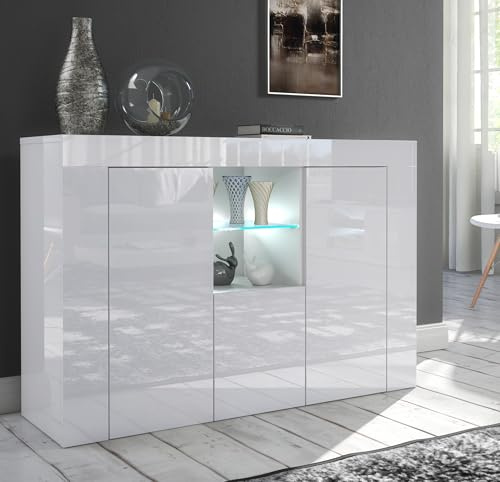 Furneo Matt & High Gloss White Cabinet Cupboard Sideboard Unit Clifton05 White LED Light