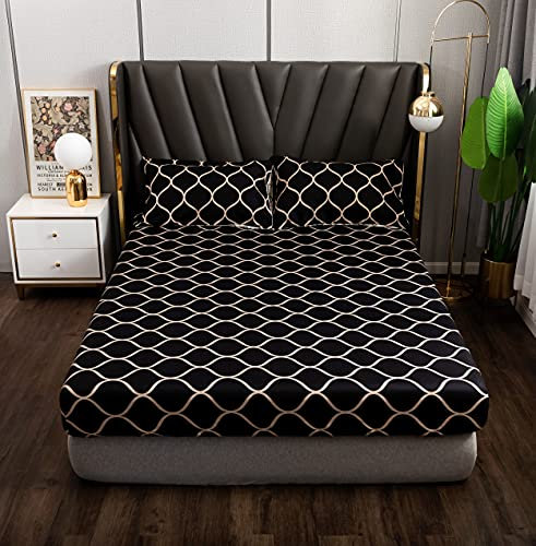 Damier Spannbettlaken 140x200cm Schwarz geometrisches Gittermuster Spannbetttuch Weiche Mikrofaser Boxspringbett Bettlaken geeignet für Matratzen von 30cm