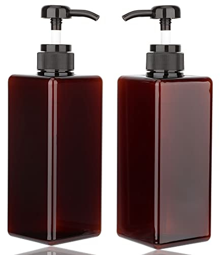 Pumpflaska, dispenser 650 ml (22 uns), Jansburg, 2-pack, påfyllningsbar, fyrkantig, plast, lotiondispenser, tom lotionpump, flaska för eterisk olja, lotion, schampo, badrum, resor, bärnstensfärgad