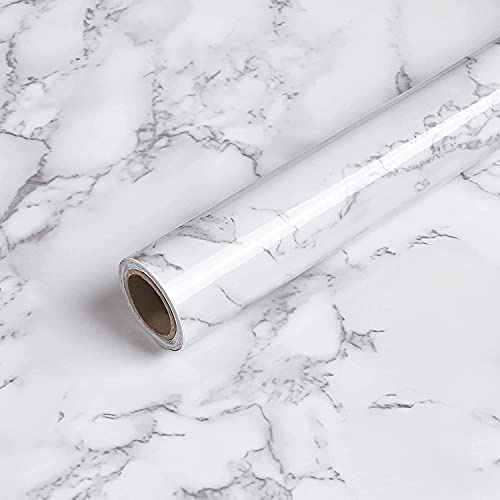 Caltero White/Grey Marble Wallpaper 15.7x472in, Self-Adhesive, Glossy, Waterproof PVC, Wide Usage for Walls, Bathroom, Kitchen etc.
