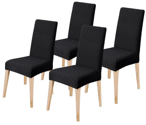 LANSHENG Dining Chair Covers Set of 4, Stretch Dining Chair Protector Slipcovers Jacquard, Elastic Removable Washable Chair Seat Cover for Dining Room Kitchen Banquet Restaurant Home, Black