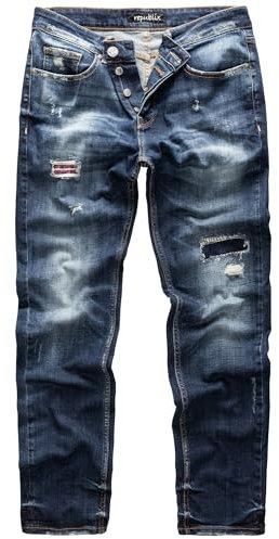 REPUBLIX Herren Jeans Regular Straight Fit Denim Hose Destroyed Dunkelblau (Patches) W30/L30