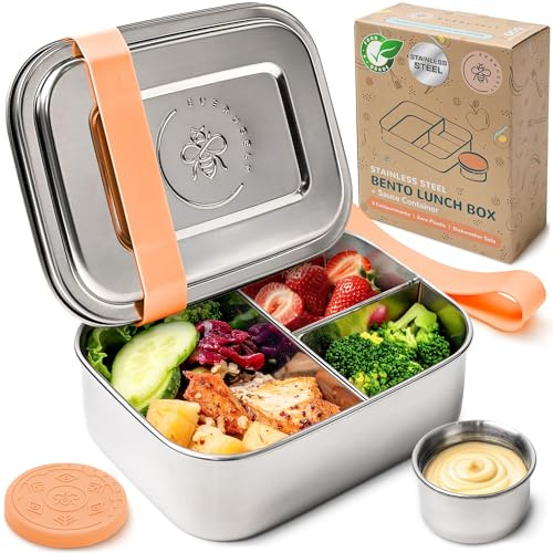 Everusely - Caja Bento - Naranja - 0,8 L - Fiambrera de acero inoxidable con recipiente para condimentos a prueba de fugas - Organizador de aperitivos de 3 compartimentos