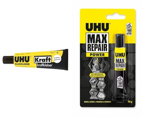 UHU Alleskleber Kraft Tube, Transparenter, universeller Kraftkleber mit außergewöhnlicher Klebekraft, transparent, 125 g & Max Repair POWER, Extra starker Reparaturkleber für 1001 Reparaturen, 20 g