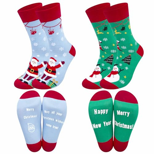 2 par julstrumpor jultomten/snögubbe strumpor damer/gentleman julstrumpor tecknade strumpor bomull färgglada nyhetsdesign julstrumpor present till henne/honom en storlek, Blå och grön, one size