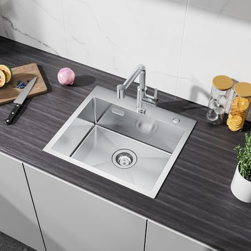 CECIPA 50x45 cm Évier Cuisine 1 Bac à Poser, Evier Inox 1 Bac pour Meuble de 50cm et Plus, Evier Argent à Encastrable avec Siphon & Trop-Plein