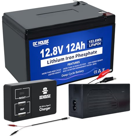 DCHOUSE Litiumbatteri, 12 V, 12 Ah, med 4 A-laddare, DC 12 V-till-USB C/USB-batteriadapter, soldrivna, uppladdningsbara perfekt för elnätsoberoende system, husbil, hemlarm