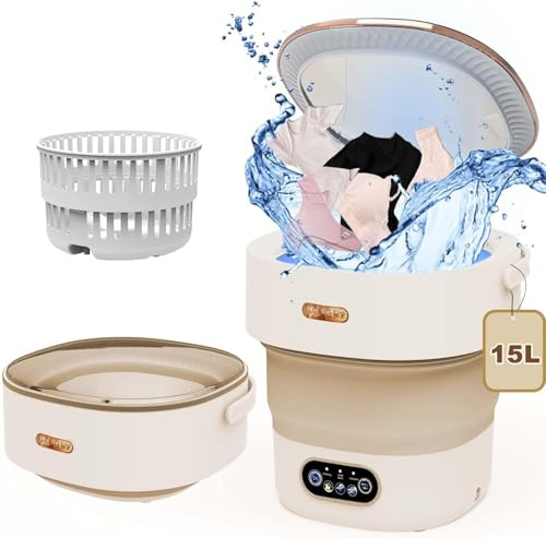 Vikbar minitvättmaskin, 15 L, mobil tvättmaskin, 22 W, liten tvättmaskin med torktumlare, 2-i-1, 3 rengöringslägen för barn, för strumpor, underkläder, resor (kaki)