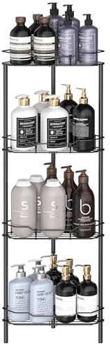 HuggieGems Metal Floor Standing Corner Shower Caddy, Matt Black, 4 Tier