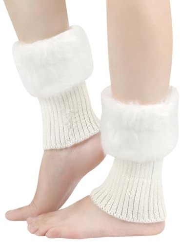 FSSTUD Faux Fur Boot Cuff Socks Winter Knitted Short Leg Warmers Comfortable Fashion Boot Cuffs Toppers Crochet Boot Cover Sleeves White
