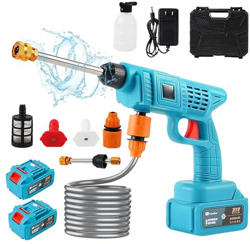 Pistola de Agua a Presión 35 Bar, Hidrolimpiadora de Alta Presion con 2 Baterías 12000mAh, Manguera de 10 m y Caja de Herramientas portátil, Limpiador a presion batería para Jardín y Coche