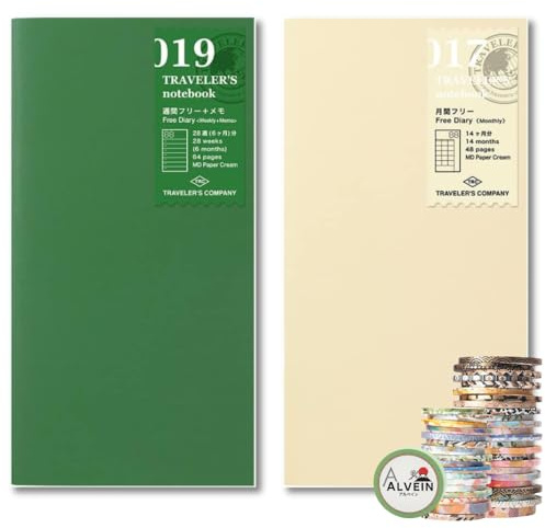 Traveler's Notebook Refill Set – 017 Monthly + 019 Weekly Memo + Bonus Random Washi Tape (3 Roll) – Undated Planner Inserts, Journal Gift Idea