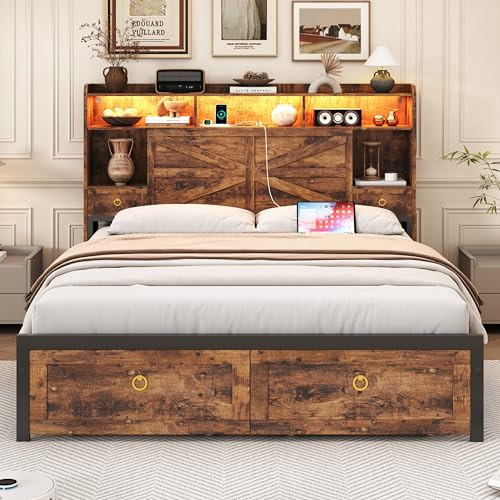 TIGUBFRE Full Bed Frame with 4 Drawers Bookshelf Headboard, Farmhouse Bed Frame with Charging Station & LED Lights, Metal Slats Support, Noise Free, No Box Spring Needed Rustic Brown