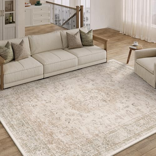 PureCozy 6x9 Washable Area Rug Beige Vintage Distressed Large Rug for Living Room Oriental Soft Thin Indoor Retro Carpet Non Slip Low Pile Floor Cover for Bedroom Dining Room Office Nursery