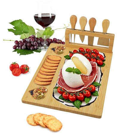Plateau Fromage avec 4 Couteaux- Plateau Charcuterie Personnalisé, Planche Fromage en Bambou pour la Maison, Pendaison de Crémaillère, Noël, Mariage, Anniversaires, Anniversaire de Mariage