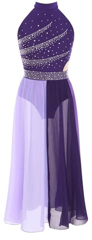 YiZYiF Abito da Pattinaggio Artistico per Bambina in Chiffon Vestito da Balletto Danza Lirica Classica Ballerina con Strass Abito da Latino Jazz Tango Samba Dancewear Viola 11-12 Anni
