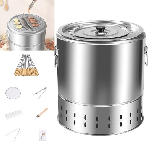 Kompakt rökfri grillhink – 360° roterande stålgrill med luftventiler – olje- och kolseparering – perfekt för camping trädgårdsvagnar och utomhusmatlagning
