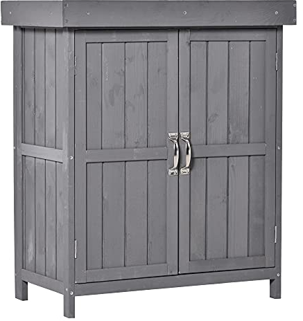 Outsunny Small Shed, Wooden Garden Shed with Openable Hinged Roof and Removable Shelf, Outdoor Tool Storage Cabinet Chest with Double Doors, 74 x 43 x 88 cm, Grey