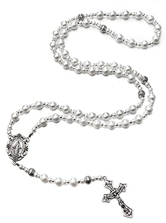 Catholic Pearl Beads Rosary for Women, Simulated White Pearl Beads Rosary Necklace Miraculous Medal & Cross