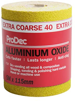 ProDec Rollo de 5 m de papel de lija abrasivo de óxido de aluminio amarillo de grano extra grueso para lijar madera, pintura, yeso, masilla, metal y más, 115 mm de ancho