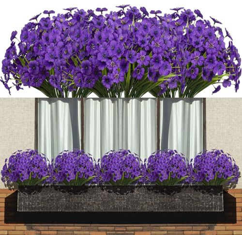 LANKAMO 15 Bundles Artificial Flowers Fake Silk Flowers Outdoor UV Resistant Faux Flowers Plastic Fabric Greenery Plants for Hanging Planter Kitchen Home Office Wedding Garden Decoration（Purple）