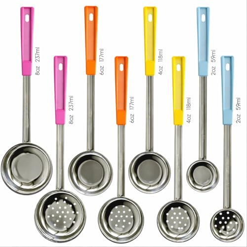 Portion Control Serving Spoons - (8 Piece Set) Restaurant Measuring Serving Ladle Utensils for Weight Loss, Bariatric Gastric Sleeve, Includes 2, 4, 6, 8 oz Solid & Perforated Scoops, 14-1/4 Long