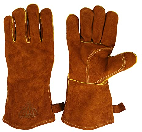 HHPROTECT Gants de soudage résistants à la chaleur et au feu en cuir pour cheminée, barbecue, soudure, grill, four, poêle
