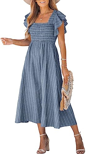 CUPSHE Abito estivo da donna con scollo quadrato, maniche a volant, righe a spillo, A-line, scollo svasato, abito maxi da tempo libero Milkmaid Dress, blu acciaio, L