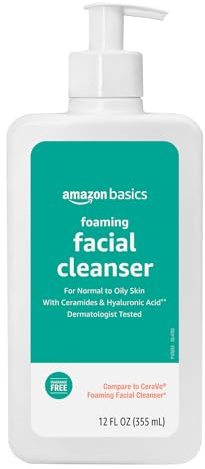 Amazon Basics Foaming Facial Cleanser with Ceramides & Hyaluronic Acid, Gentle Daily Face Wash, Non-Comedogenic, Fragrance-Free, 12 fl oz
