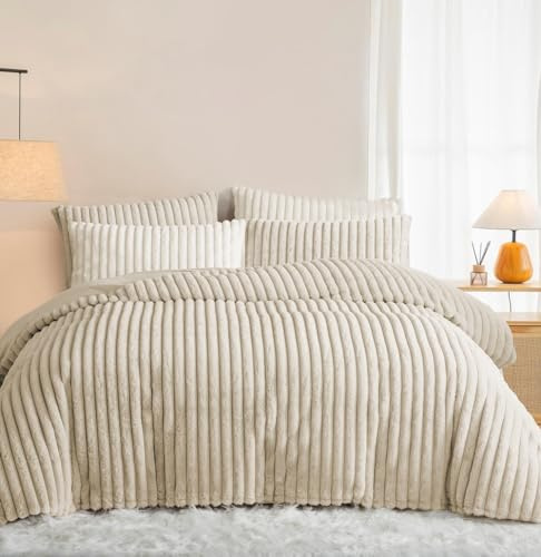 Lanqinglv Winter Plüsch Bettwäsche 200x220 Beige Warme Flauschig Flanell Kunstfell Streifen Winterbettwäsche,Teddy Fleece Cashmere Touch Bettbezug mit Reißverschluss und 2 Kissenbezug 80x80cm