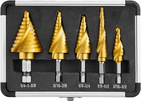 IRONANT Step Drill Bits, 5PCS Spiral Grooved HSS Titanium Step Drill Bit Set, 50 Sizes High Speed Steel Step Bits for Metal with Aluminum Case